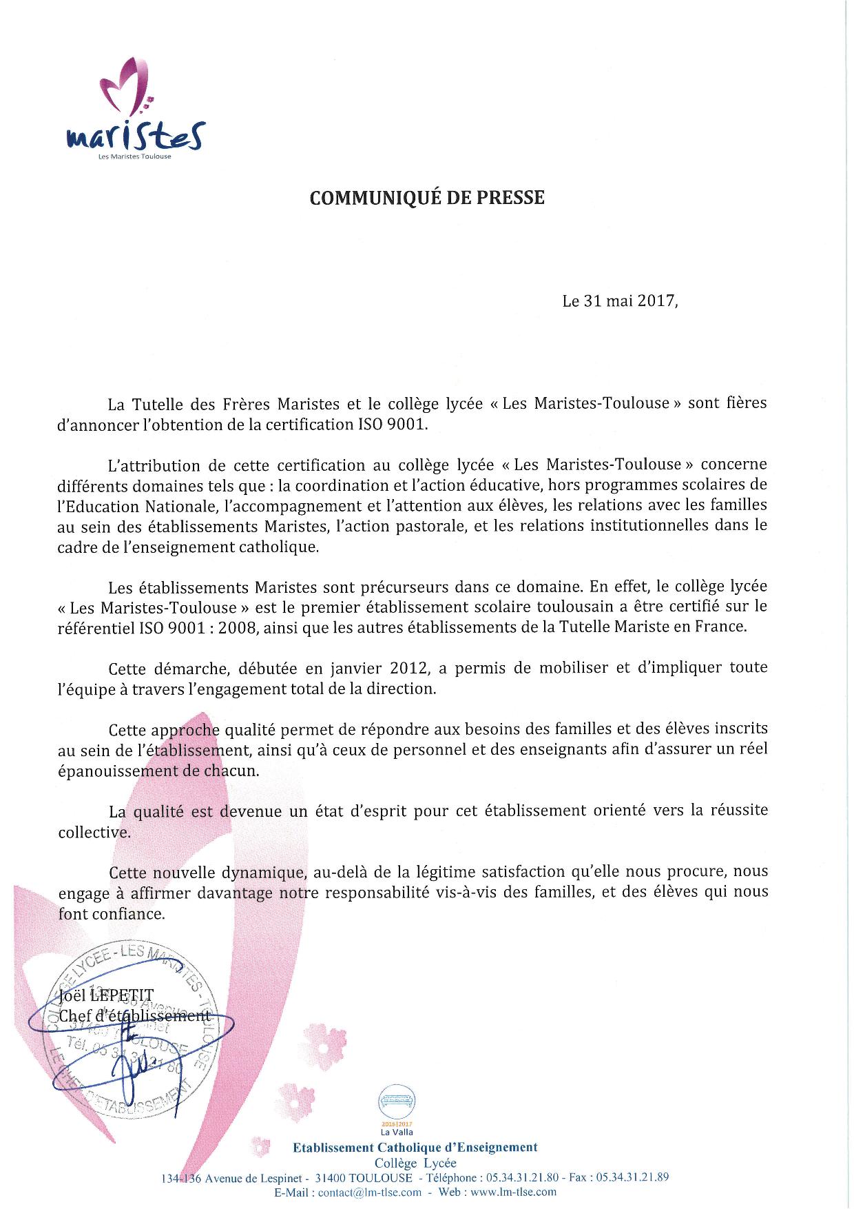 Communiqué de presse ISO 9001